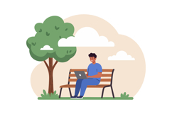 Man Sitting on Park Bench Using Laptop Near Tree and Clouds Product Image 1