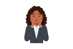 Woman in gray suit holding head with closed eyes expressing Product Image 1