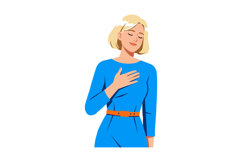 Woman in blue dress with orange belt showing gratitude gestu Product Image 1