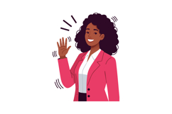 Smiling businesswoman waving hand in pink blazer friendly pr Product Image 1