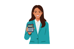 Businesswoman holding calculator smiling in teal blazer and Product Image 1