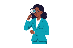 Businesswoman in teal suit holding magnifying glass for insp Product Image 1