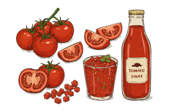 Tomato fresh ripe vegetables slices sauce bottle and glass i Product Image 1