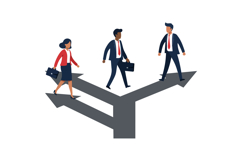 Businesspeople walking on three-way arrow choosing direction Product Image 1