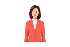 Woman with serious expression wearing coral blazer and white Product Image 1