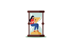 Woman sitting inside hourglass using smartphone concept of t Product Image 1