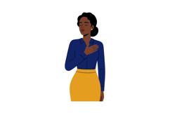 Woman with closed eyes holding hand on chest in blue shirt a Product Image 1