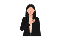Woman expressing emotion with hand on chest in black jacket Product Image 1