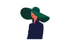 Woman wearing large green hat and navy blue coat fashionable Product Image 1