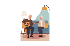Elderly man playing guitar for senior woman sitting on couch Product Image 1
