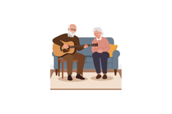 Elderly couple enjoying music with guitar playing at home in Product Image 1