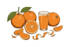 Fresh oranges with peeled slices and glass of orange juice v Product Image 1
