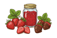 Strawberry jam jar with fresh strawberries and chocolate dip Product Image 1