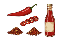 Red chili pepper with hot sauce bottle and crushed chili spi Product Image 1