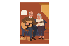 Elderly couple playing guitar together in cozy living room w Product Image 1