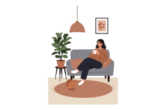 Woman Relaxing on Grey Sofa with Coffee and Cat in Cozy Livi Product Image 1