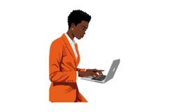 Businesswoman typing on laptop wearing orange suit professio Product Image 1