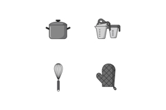 Kitchen utensils set with pot, measuring cups, whisk, and ov Product Image 1