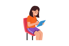 Girl Sitting on Chair Writing on Blue Tablet Digital Device Product Image 1