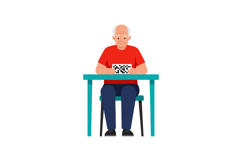 Elderly man doing crossword puzzle sitting at table in red s Product Image 1