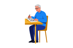 Elderly man solving crossword puzzle sitting at wooden table Product Image 1