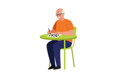 Elderly man sitting at desk solving crossword puzzle in casu Product Image 1