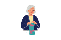 Elderly Woman Knitting Colorful Scarf with Blue and Pink Pat Product Image 1