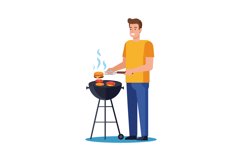 Man grilling burgers on barbecue outdoor cooking leisure act Product Image 1
