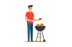 Man grilling burgers outdoors with barbecue in casual red sh Product Image 1