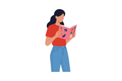 Woman reading book with colorful floral and vegetable cover Product Image 1