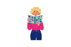 Woman reading colorful book with fruit and vegetable illustr Product Image 1