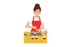 Woman in red apron decorating colorful cupcakes on yellow ta Product Image 1