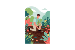 Illustration shows a man planting seedlings outdoors among g Product Image 1