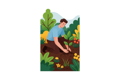 Man Planting Young Tree in Garden with Greenery and Flowers Product Image 1