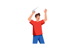 Happy young man throwing paper plane in red shirt and blue j Product Image 1