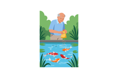 Elderly man feeding colorful koi fish in outdoor pond garden Product Image 1