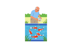 Elderly man feeding koi fish in garden pond with green plant Product Image 1