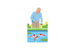 Elderly man feeding koi fish in pond outdoor nature scene ve Product Image 1