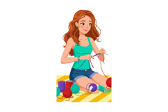 Young woman knitting colorful yarns sitting on striped carpe Product Image 1