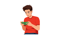 Boy playing video game with green console focused expression Product Image 1
