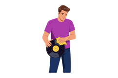 Man cleaning vinyl record with yellow cloth in casual purple Product Image 1