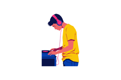 Young man in yellow shirt listening to music with pink headp Product Image 1