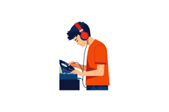 Young man DJ mixing music with headphones and turntable in o Product Image 1