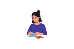 Woman sewing fabric with needle and thread in casual clothin Product Image 1