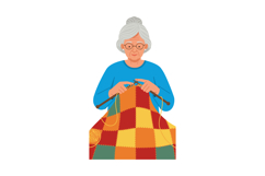 Elderly Woman Knitting Colorful Patchwork Blanket in Portrai Product Image 1