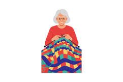 Elderly Woman Knitting Colorful Patchwork Quilt in Red Sweat Product Image 1