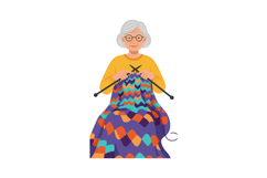 Elderly woman knitting colorful geometric pattern blanket wi Product Image 1