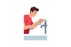 Young man fixing water faucet with wrench vector illustratio Product Image 1