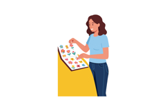 Woman Selecting Flower Stickers on Yellow Table with Blue Sh Product Image 1