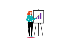 Businesswoman presenting purple bar graph on tripod easel in Product Image 1